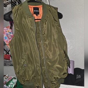 Olive Green Sleeveless Bomber Vest with Orange Lining